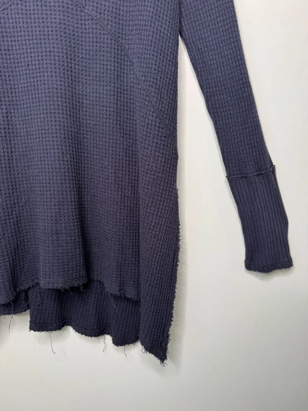 Free People Sunset Park Thermal Waffle Knit Tunic Womens L Wide Vneck Raw Edges